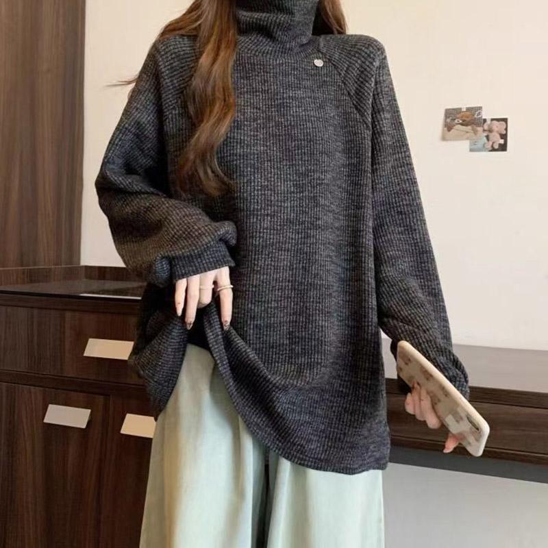 

Женские пуловеры с длинными рукавами, осенне-зимняя хлопковая блузка оверсайз, удобный эластичный однотонный топ с полувысоким воротником, свободного кроя XXXXL темно серый