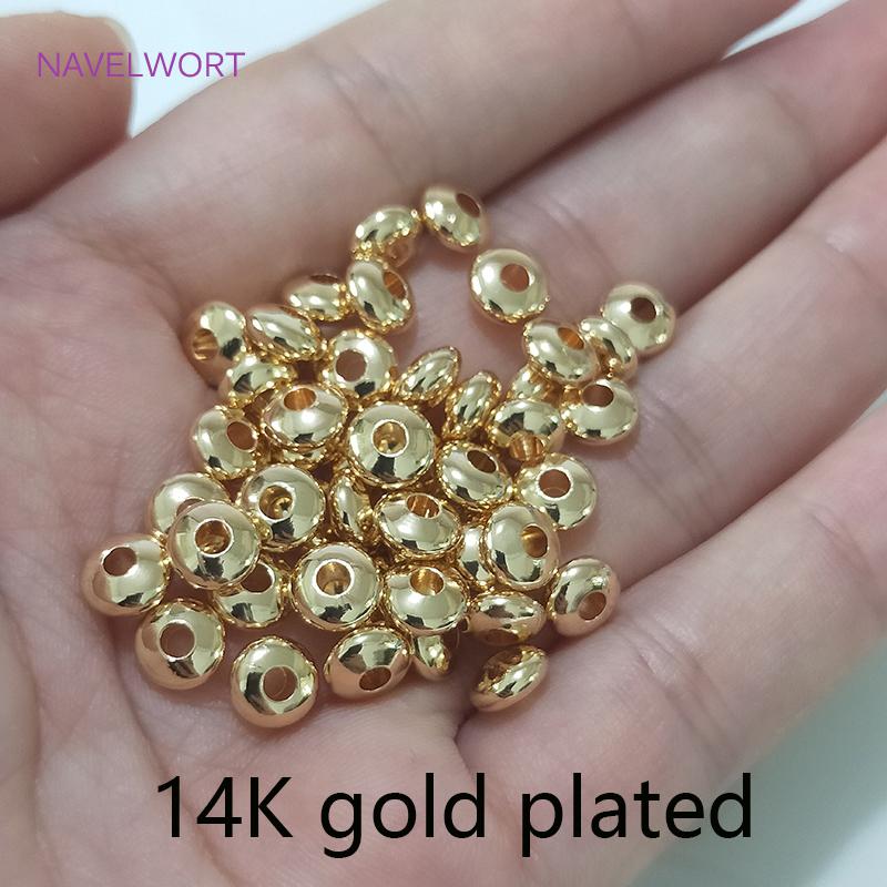 14K Gold Plated Flat Round Spacer Solid Smooth Wheel Bead Flat Round Loose Beads For Necklace Bracelet Making Accessories