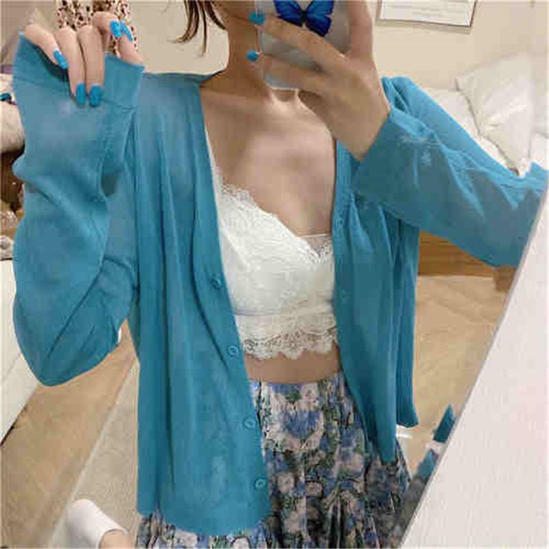 Módní letní pletené sluneční tričko Nové dámské ležérní kardigany s dlouhým rukávem V výstřih Tenký top Jednobarevné Jednoduché Elegantní halenky 3668