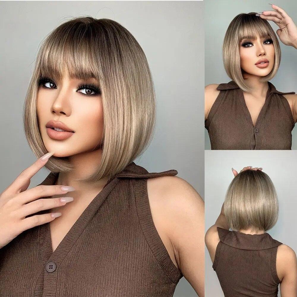 Short Orange Straight Bob Hair Synthetic Wigs with Bangs Orange Colorful Cosplay Party Wig for Women Heat Resistant Fiber Daily