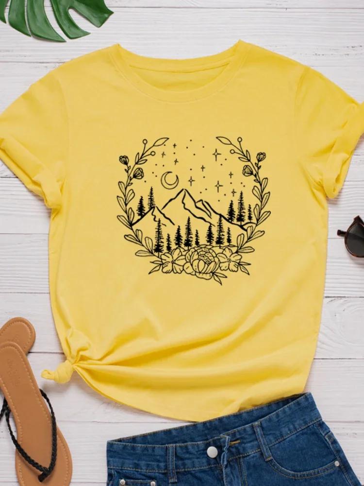Kranz Mond Berg Druck Damen T-Shirt Kurzarm O-Ausschnitt Locker Damen T-Shirt Damen T-Shirt Tops Kleidung Camisetas Mujer