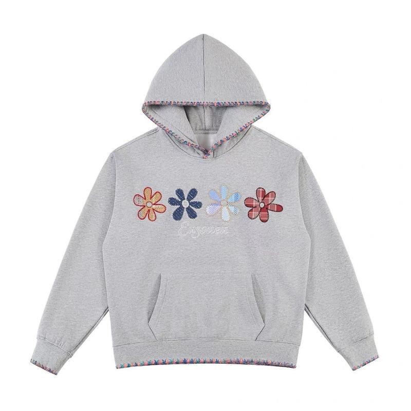 Women Casual Floral Embroidery Hooded Loose Long Sleeve Pullover Sweatshirt