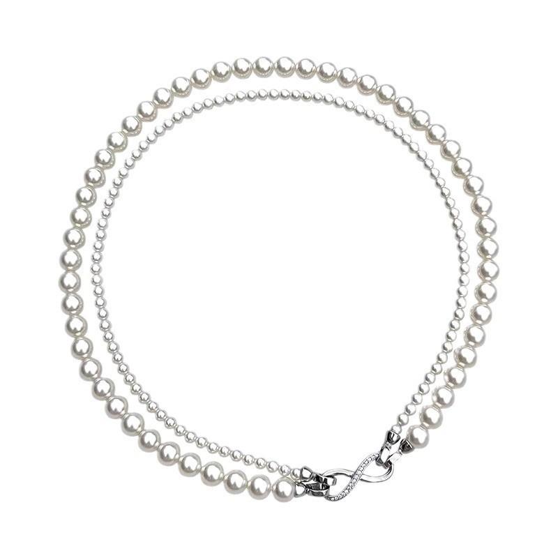 Shijia Pearl Double-Layered Necklace with Detachable 8-Shaped Buckle – Versatile Styles, Hemp Gray Chain.