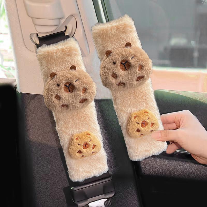 New Cute Cartoon Capybara Universal Car Seat Belt Cover Imitation Rabbit Fur Long Plush Auto Safety Shoulder Pad For Kids Ladys