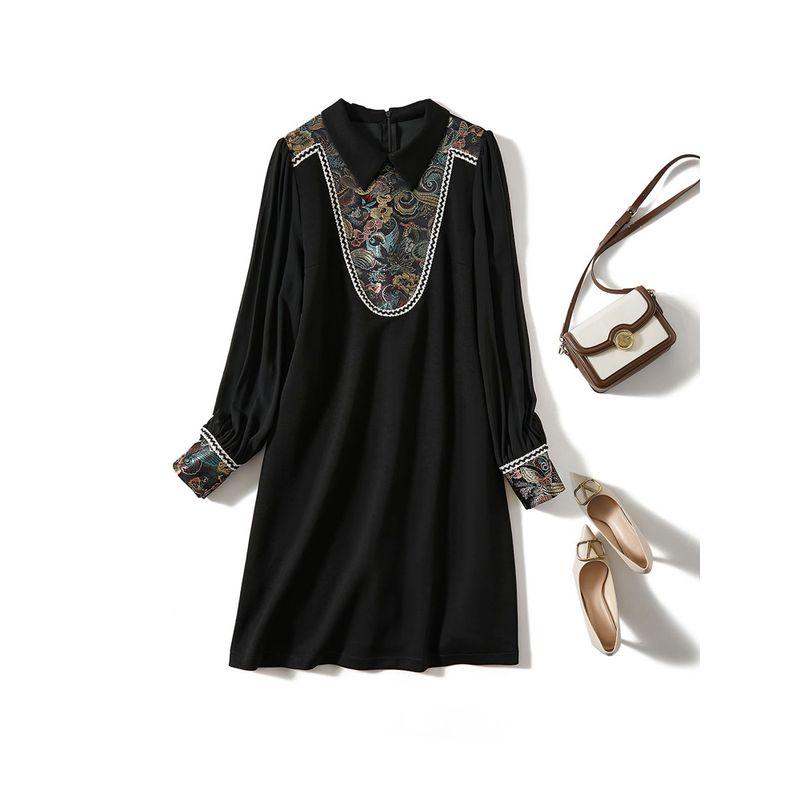 Classic Art Shirts Sleeve Skirt! Dry Commuting Women Small Lapel Satin Print Color Matching Cotton Dress