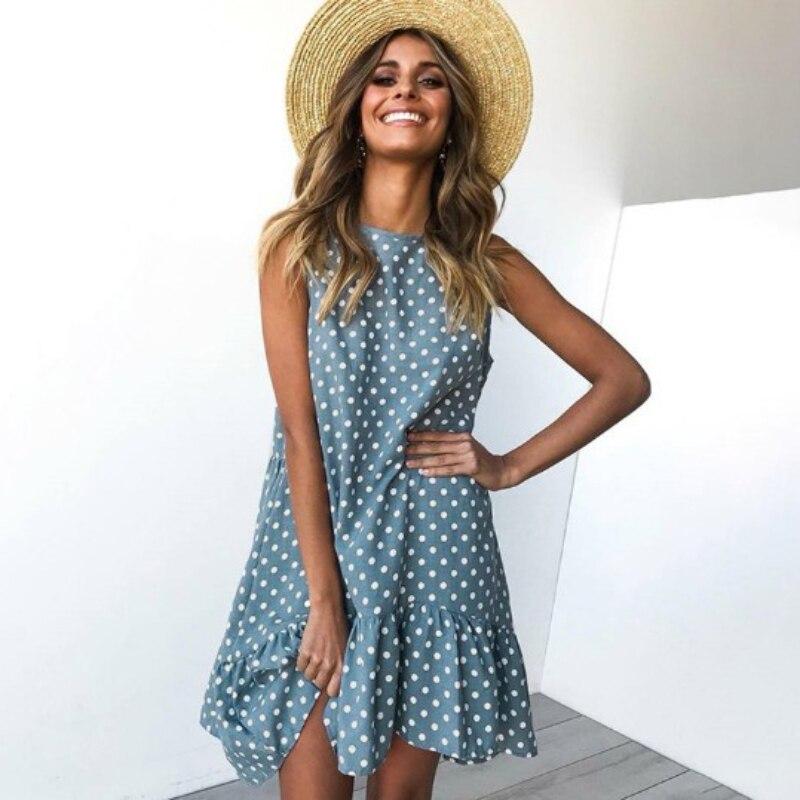 

Лето 2023, женское шифоновое платье в горошек с оборками, мини-платье, повседневное свободное пляжное вечернее уличное короткое платье XXL синий