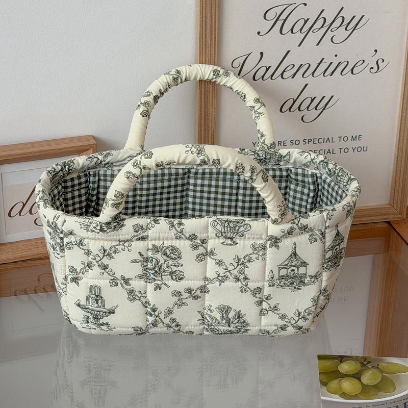 Vintage Floral Organizers Basket With Handle Portable Home Room Quilted Foldable Storage Basket For Snack Clothes Toys 03 960₽