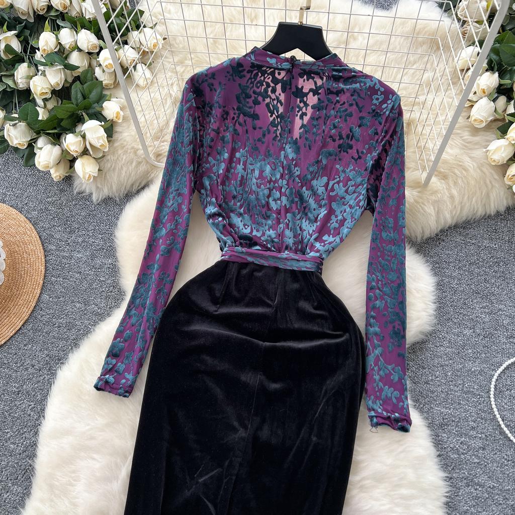 Vintage V-neck Elegant Long Sleeves Chic Flocking Print Spliced Velvet Slim Bandage Dresses Evening High Street Winter Clothing