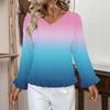 Women's Casual Fashion Ruffled V-Neck Pocket Gradient Print Long Sleeve Top