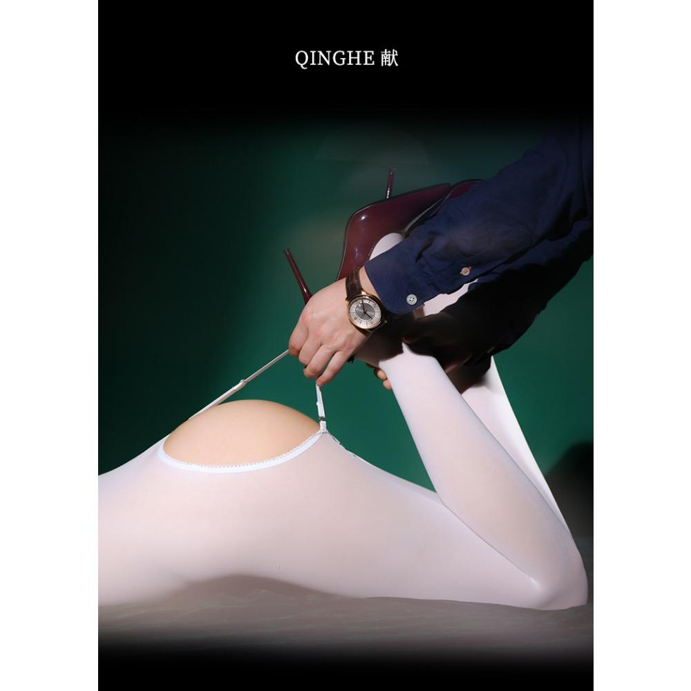 Qinghe 10D Velvet One-piece Stockings Sexy Transparent Meat Black Stockings Autumn and Winter Large Size Open Crotch Whole Body Removal Straps