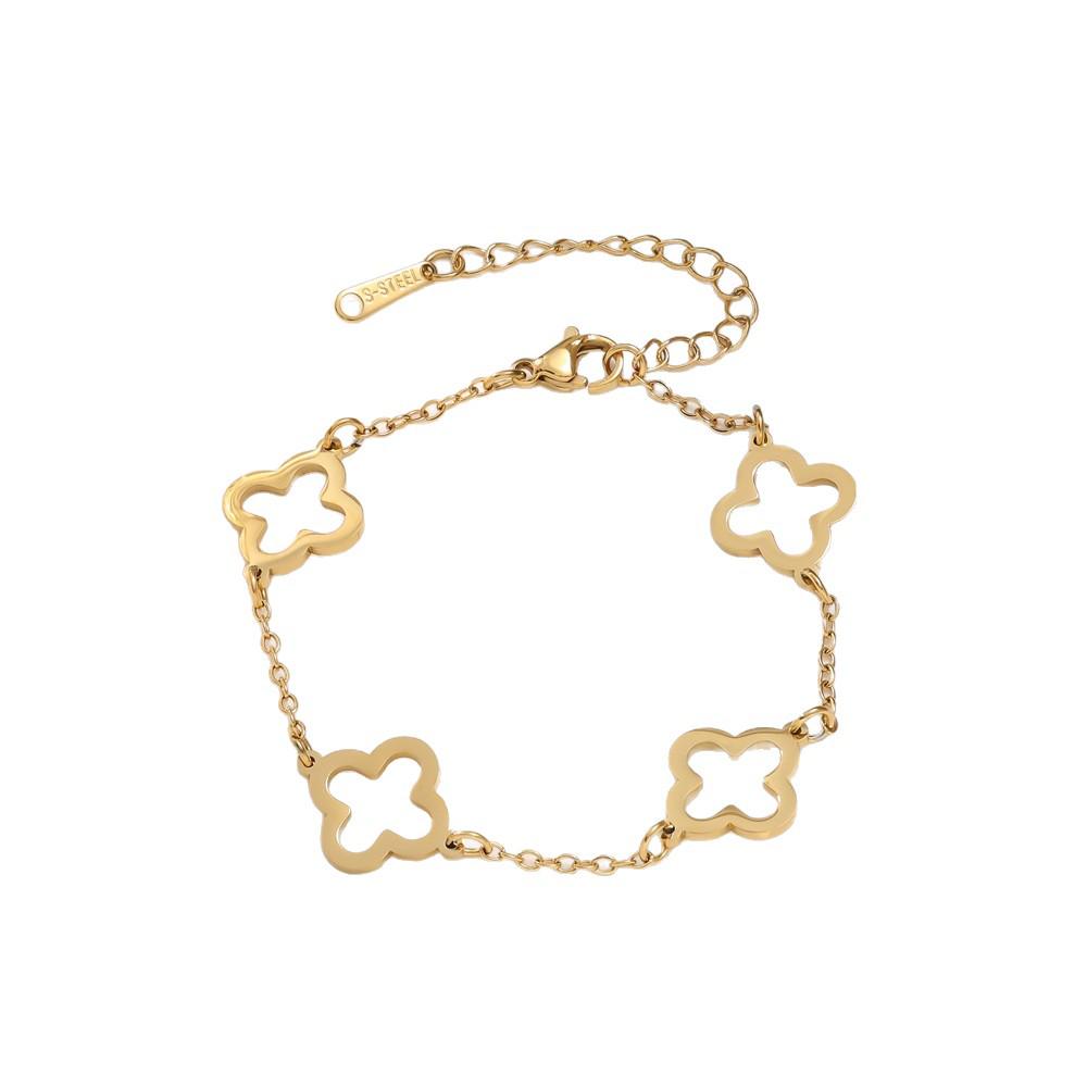 18K Gold Hollow Four-Leaf Clover Jewelry Set: Titanium Steel Bracelet, Necklace, Earrings for Women