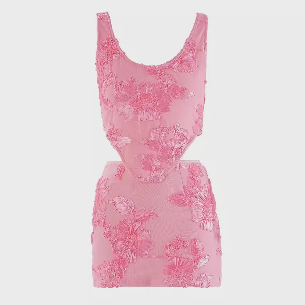 "European & American 3D Embroidered Floral Pink Camisole Skirt Set"