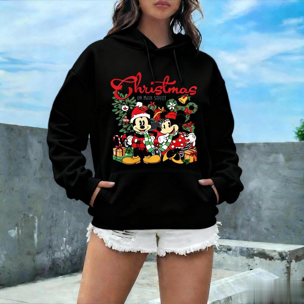 Unisex Christmas Mickey Minnie Print Sweatshirt Women Men Hoodie Graphic Pullover Casual Streetwear Sweater Autumn Winter Disney