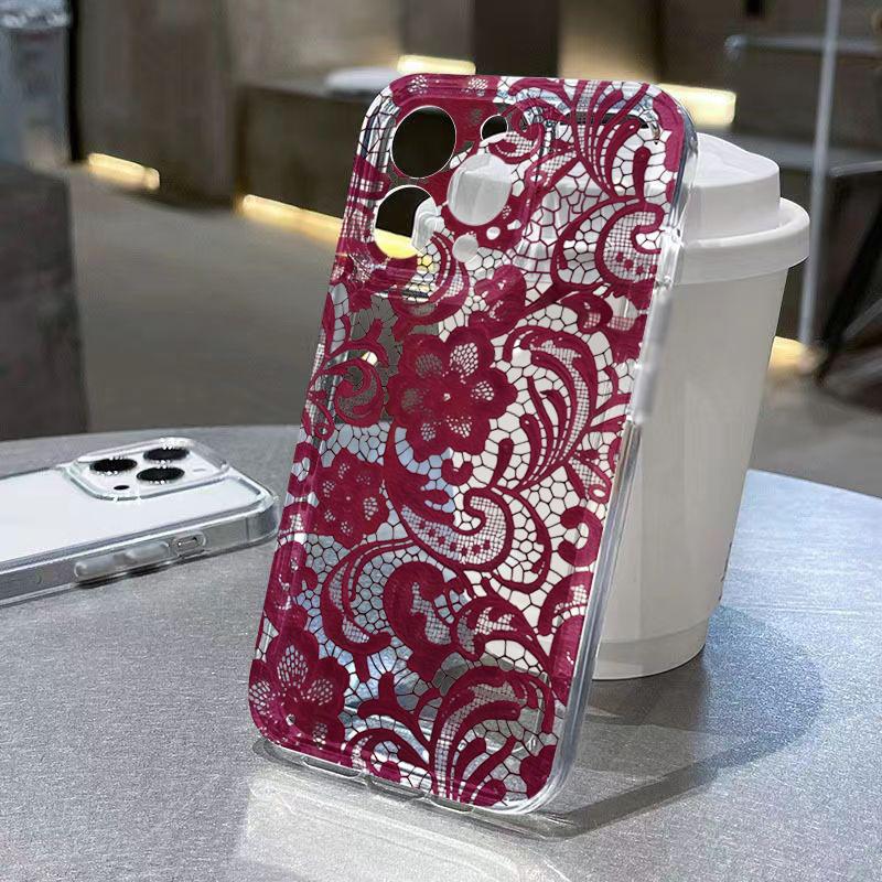 Red Lace Pattern Phone Case For iPhone 17 16 15 11 12 14 13 Pro Max Mini X XS XR 7 Plus 17E Shockproof Soft Cover Shell Fundas