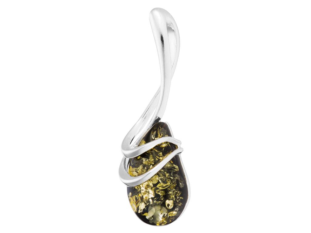 Short Silver Drop Necklace with Green Amber Teardrop Amber 42