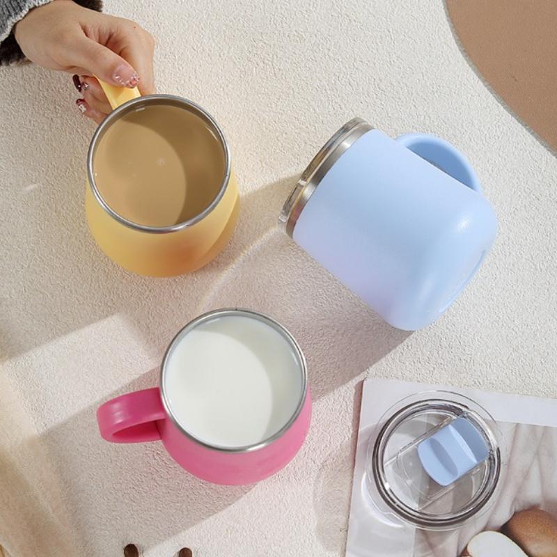 Kaffeebecher mit Henkel und Schiebedeckel, Reisebecher aus Edelstahl mit Henkel, Doppelwandig vakuumisoliert, Campingbecher