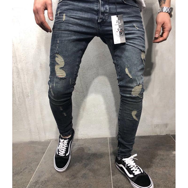 Fashion Men Straight Denim Hole Pants Slim Casual Hip Hop Style Jeans