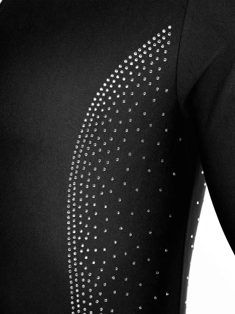 Mens Figure Skating Latin Dance Bodysuit V Neck Long Sleeve Sparkling Rhinestones Stage Performance Leotard