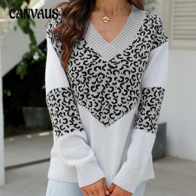 Maglione da donna autunno e inverno Maglione leopardato lavorato a maglia con scollo a V colorblocked Maglione a maniche lunghe