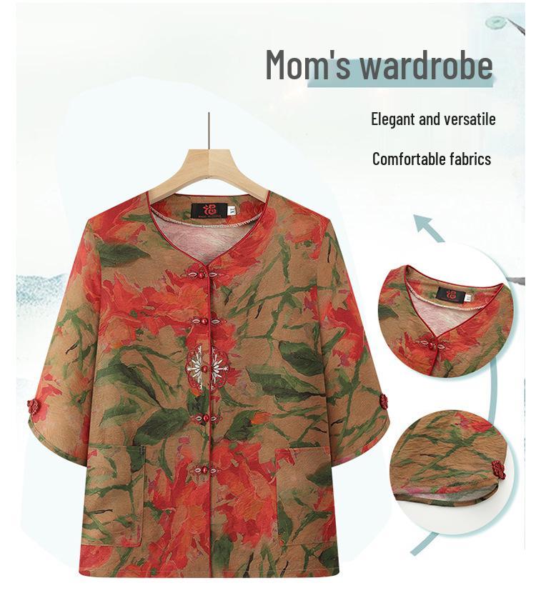 Grandma's Summer Embroidered Two-Piece Set: Age-Reducing Short-Sleeve Top & Casual Pants for Middle-Aged and Elderly Women