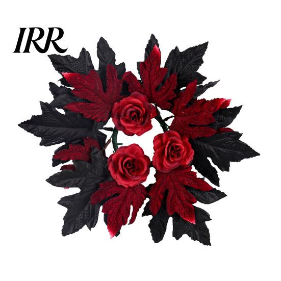 Seasonal Holiday Ornaments Halloween Floral Candle Ring, Artificial Maple Rose Wreath for Spooky Home Decorations Holder, Table Centerpiece