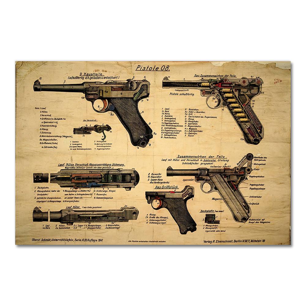 Gun Blueprint Luger Pistol Patent Chart Canvas Painting Posters And Prints Wall Pictures For Living Room Decoration Home Decor
