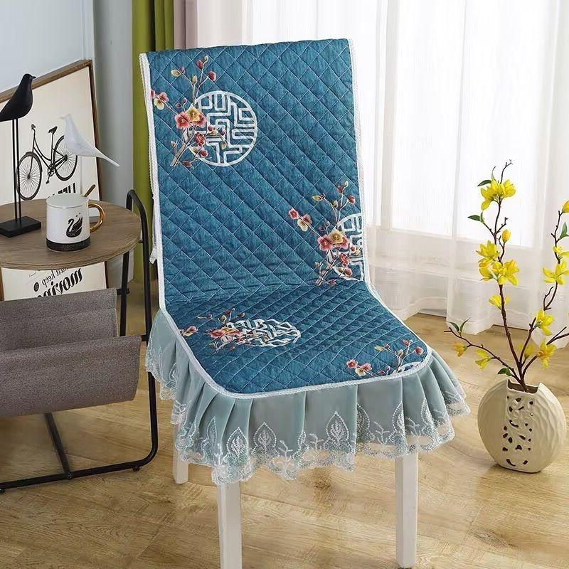 Blue One-piece Chair Cover Table Cloth Dining Chairs Mat Seat Cushion Anti-skid  Lace Chair Cushion Dustproof Cloth Wedding Party Home Decoration
