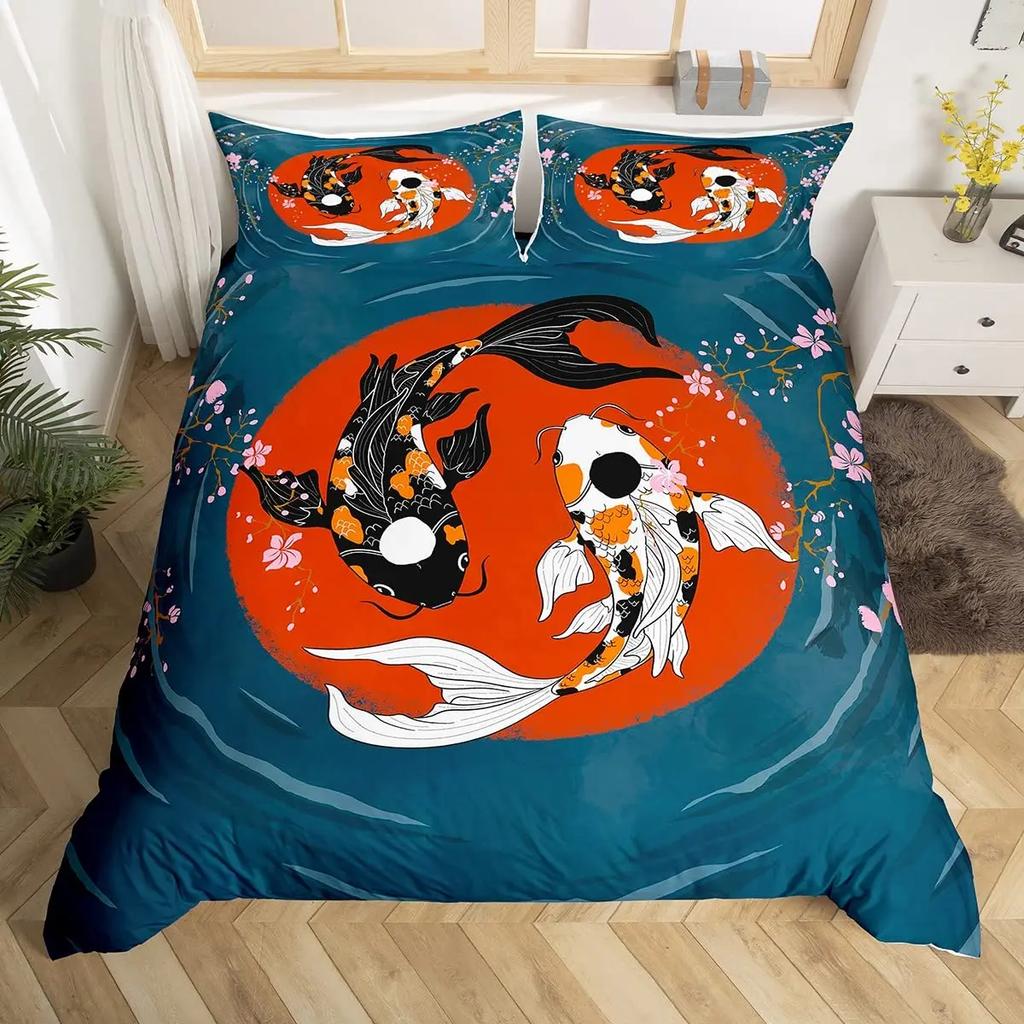Comforter Koi Fish Carp Tie Dye Bedding Sets Traditional Chinese Ink Art Lotus Leaf Nature Full Size