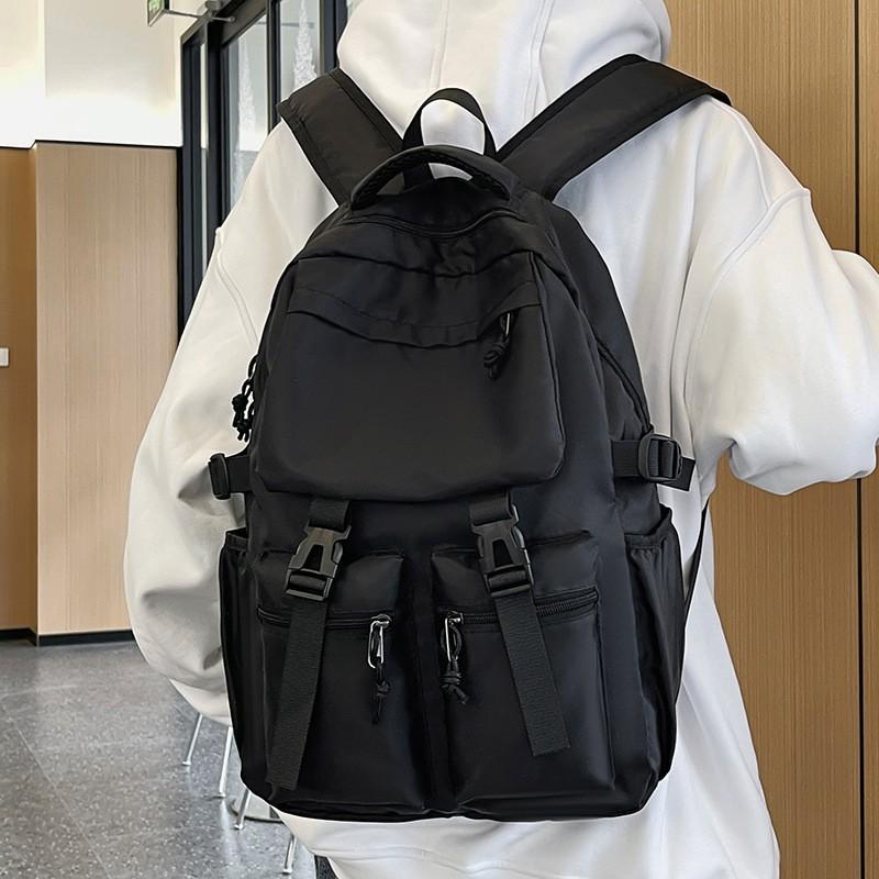 Trendy Cool Pure Black Schoolbag Men's 2024 New College Student Backpack Women's Multi-pocket Large-capacity Casual