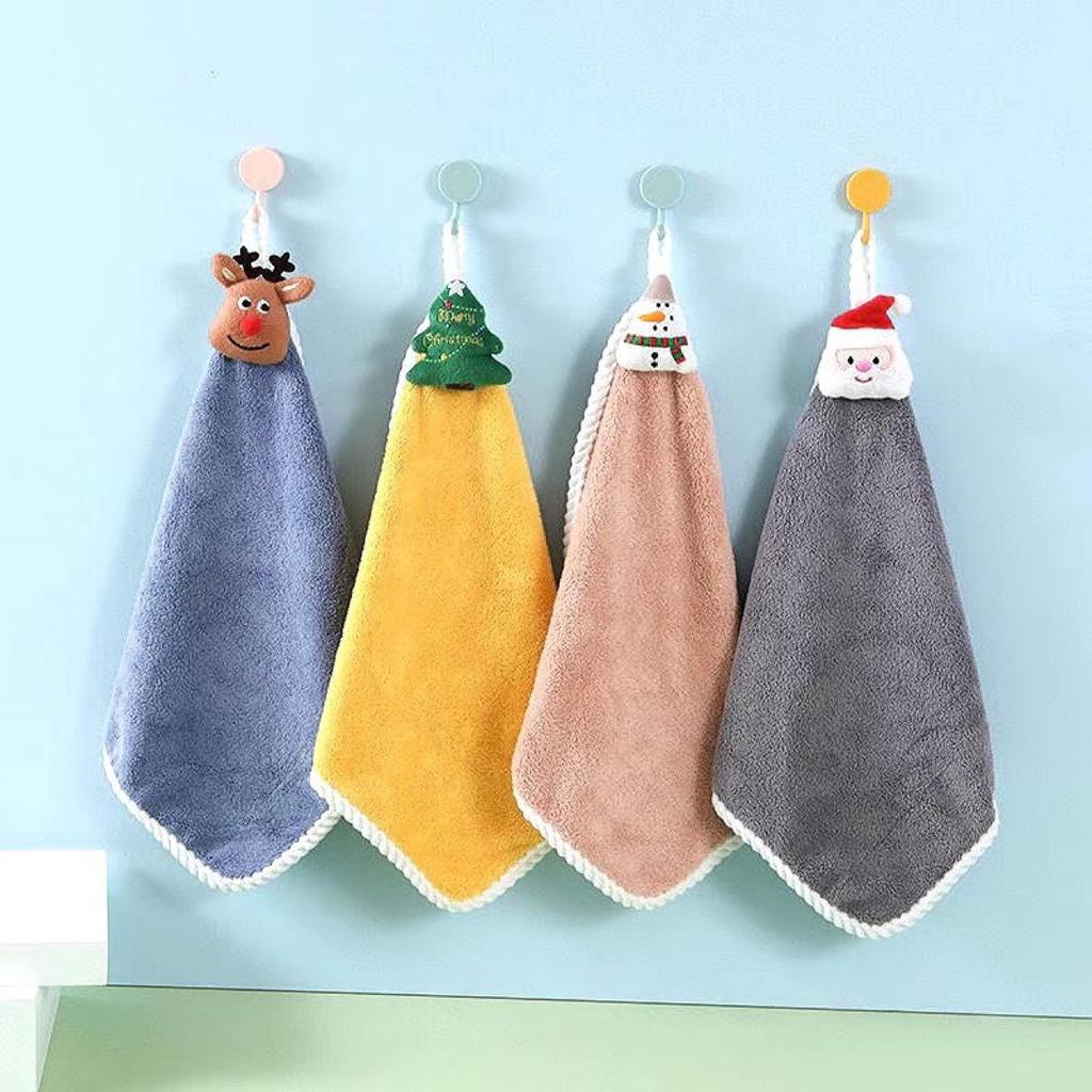 Cartoon Coral Fleece Hanging Hand Towel - Absorbent Christmas Gift for Kitchen & Bathroom