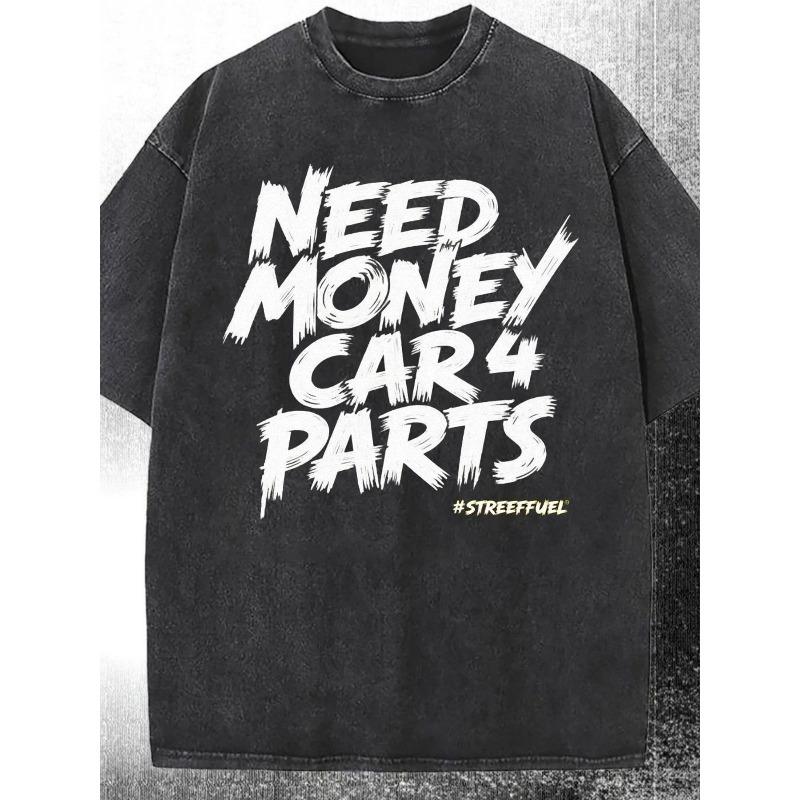 

European sizes Men S Oversized Black Acid Wash Crew Neck T-Shirt - Bold Money Car Parts Graphic Tee, Soft Streetwear, Breathable Summer Fashion Top S чёрный