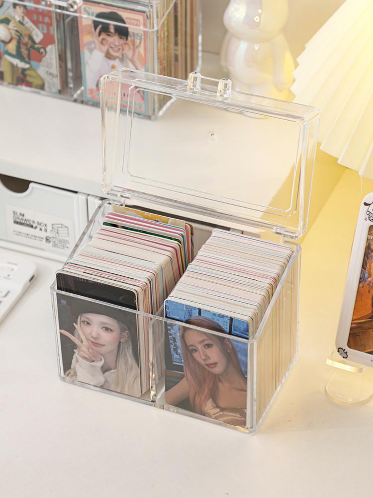 Clear Acrylic Small Card Storage Box - 2-Compartment Flip Top Display Card Case for K-Pop Photocards Anime Collectibles