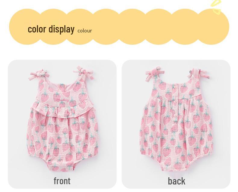 2025 Sommer Neugeborenes Erdbeer-Baumwoll-Strampelhöschen - Ärmellos, Spaghettiträger, Druckknopfverschluss im Schritt