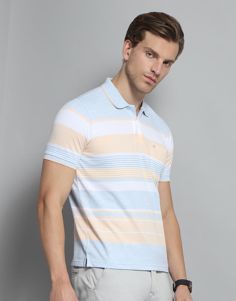 MONTE CARLO Mens Striped Blue Collar Neck Half Sleeve T-Shirt