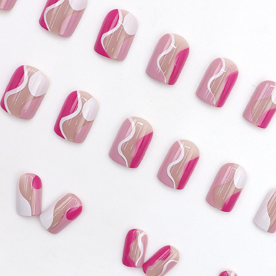 European & American Short Wave Nail Art: Pink, White, Rose Red with Irregular Curves - Versatile Wearable Tips