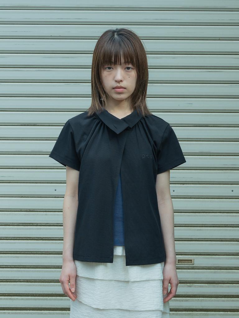 Pibeuseupibeuseu Open Collar Gathered Top / Charcoal