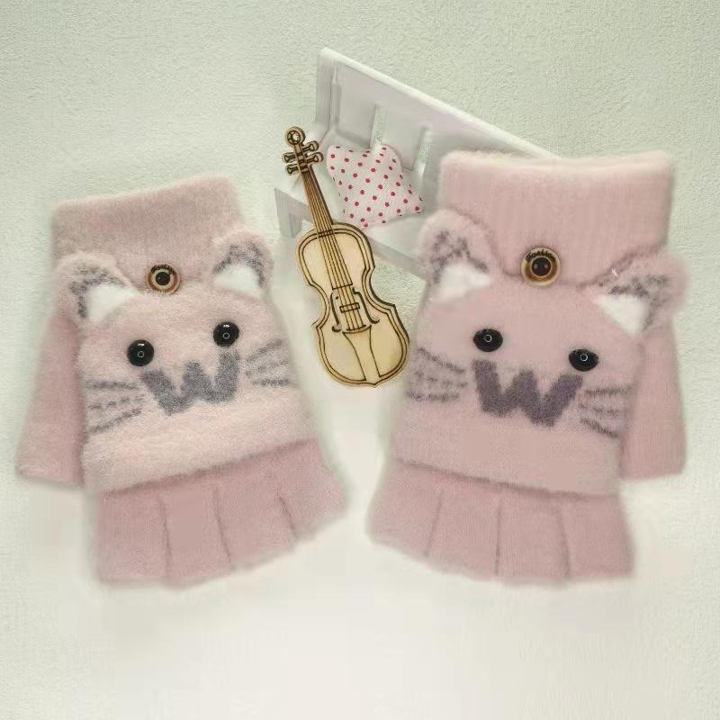 Dětské zimní teplé a proti omrzlinám ruce roztomilé kreslené pletené rukavice bez prstů s odklápěcím palčákem pro chlapce a dívky, starší děti a studenty