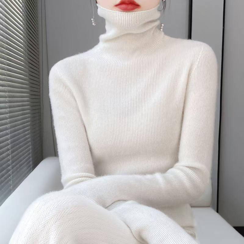 Women’s 2025 Autumn/Winter Pure Wool Sweater, Half-High Neck, Ribbed, Slim-Fit, Figure-Flattering with Cashmere Inner Layer