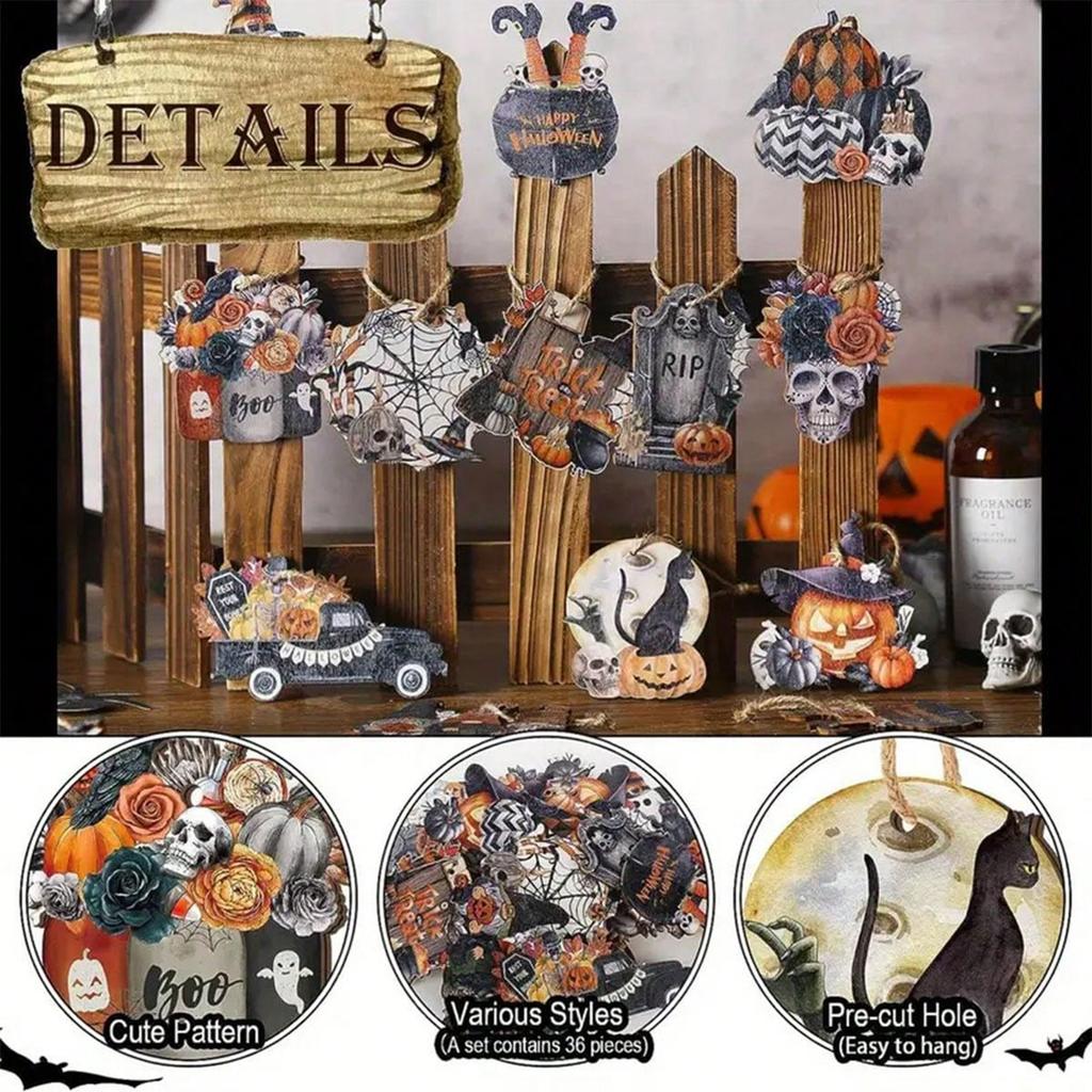 12Pcs Halloween Wooden Pendant Decorations Pumpkin Ghost Hanging Ornament Tags For Halloween Party Tree Decoration Diy Crafts