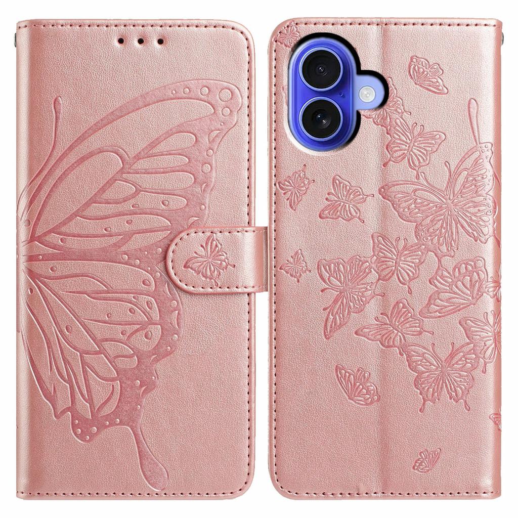 For iPhone 16 Plus Case Butterfly Imprinted Wallet Stand PU Leather Flip Phone Cover with Strap