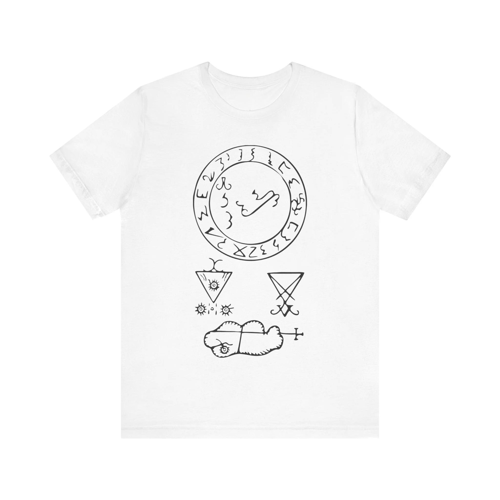 

Full Sigil of Lucifer Satan Tshirt Devil Shirt Demonology Shirt Black Magic Occult Grimorium Verum Unisex Short Sleeve Tshirts 4XL