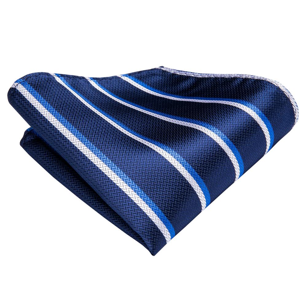 Hi-Tie Fashion Mens Blue Striped  Tie Chain Silk Necktie Handkerchief Cufflinks for Business Wedding