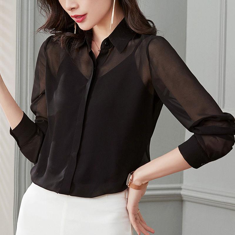 Letní móda Černá šifonová košile Dámská Dlouhý rukáv Průsvitná síťovina Ochrana před sluncem Sexy top