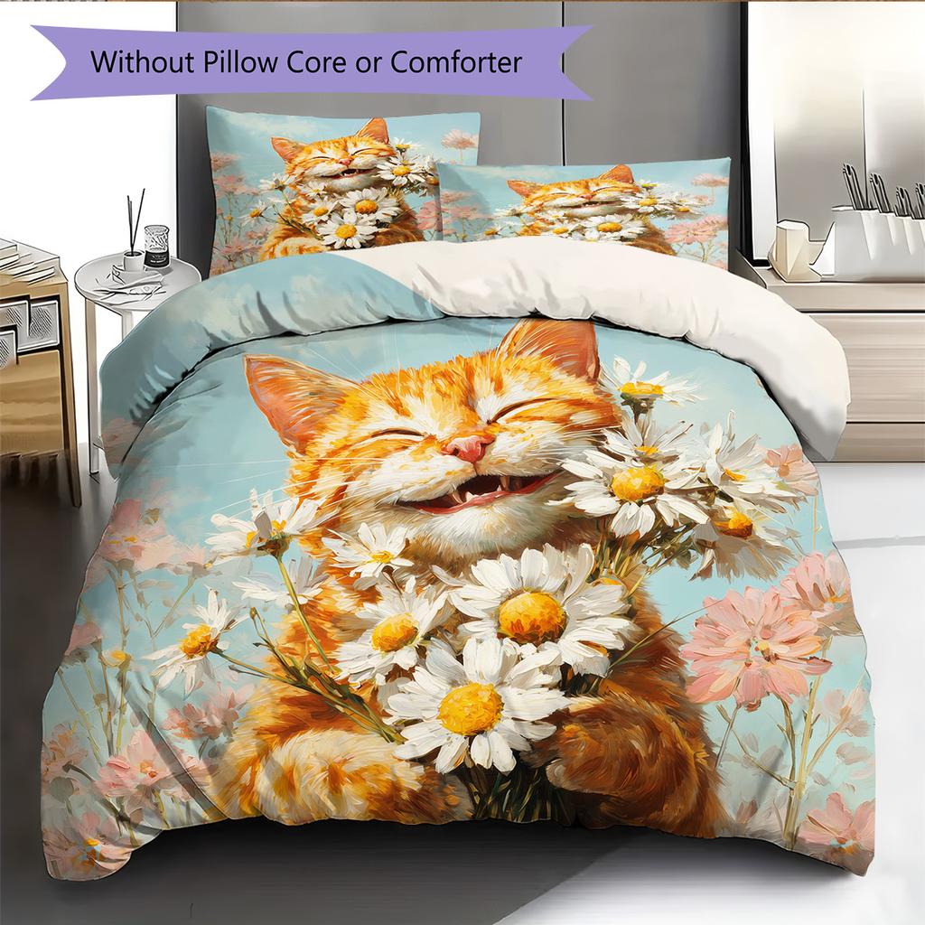 Cat Holding Flowers Pattern Bedding Quilt Set Home Decoration Gift (1 * Duvet Cover + 2 * Pillowcase, Without Core)