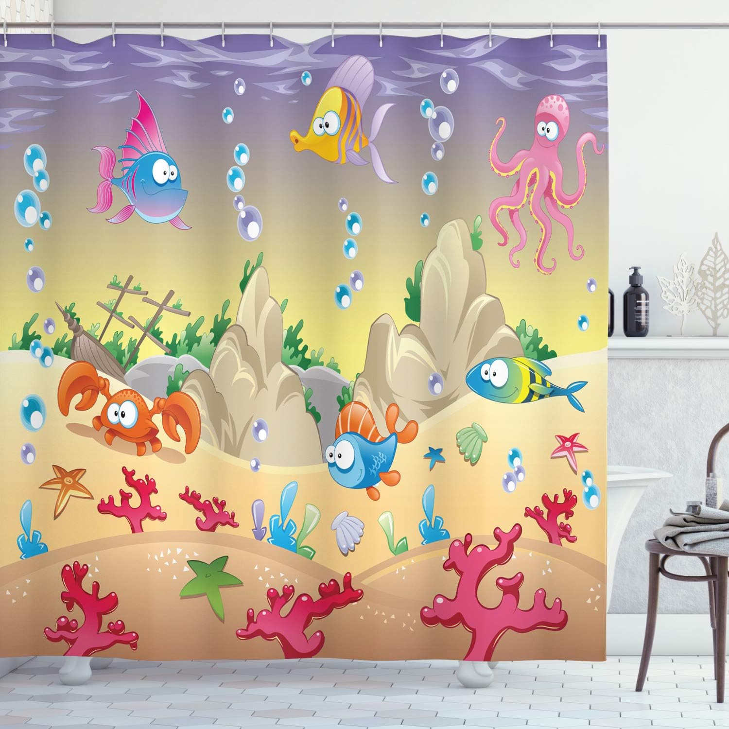 Underwater Ocean Theme Shower Curtain Cartoon Sea Creatures Kids Bathroom Decor Colorful Fish Octopus Crab Coral Reef Art W60H190(CM)-1 Pcs