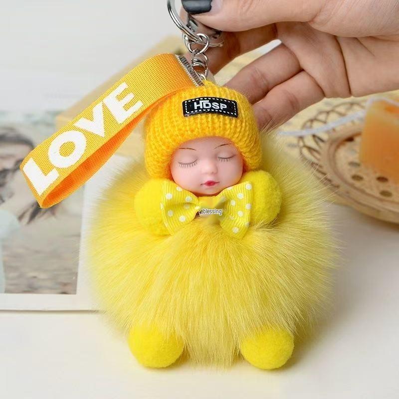 Genuine Fox Fur Sleep Doll Keychain Plush Pom-Pom Accessory