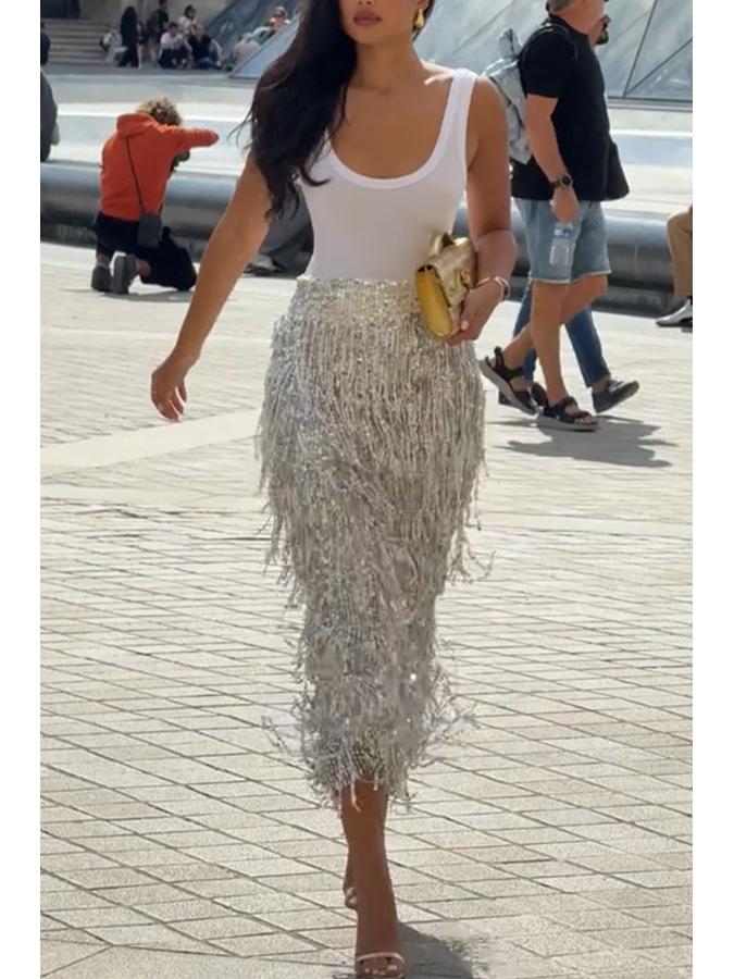 Women's Tassel Sequin Pencil Skirt with Slit - Solid Color, European & American Style