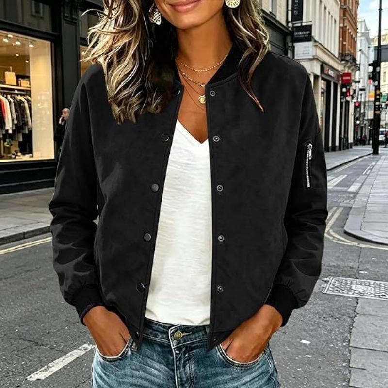 Women S Suede Fabric Stand Collar Buttoned Cardigan Jacket Casual Coat