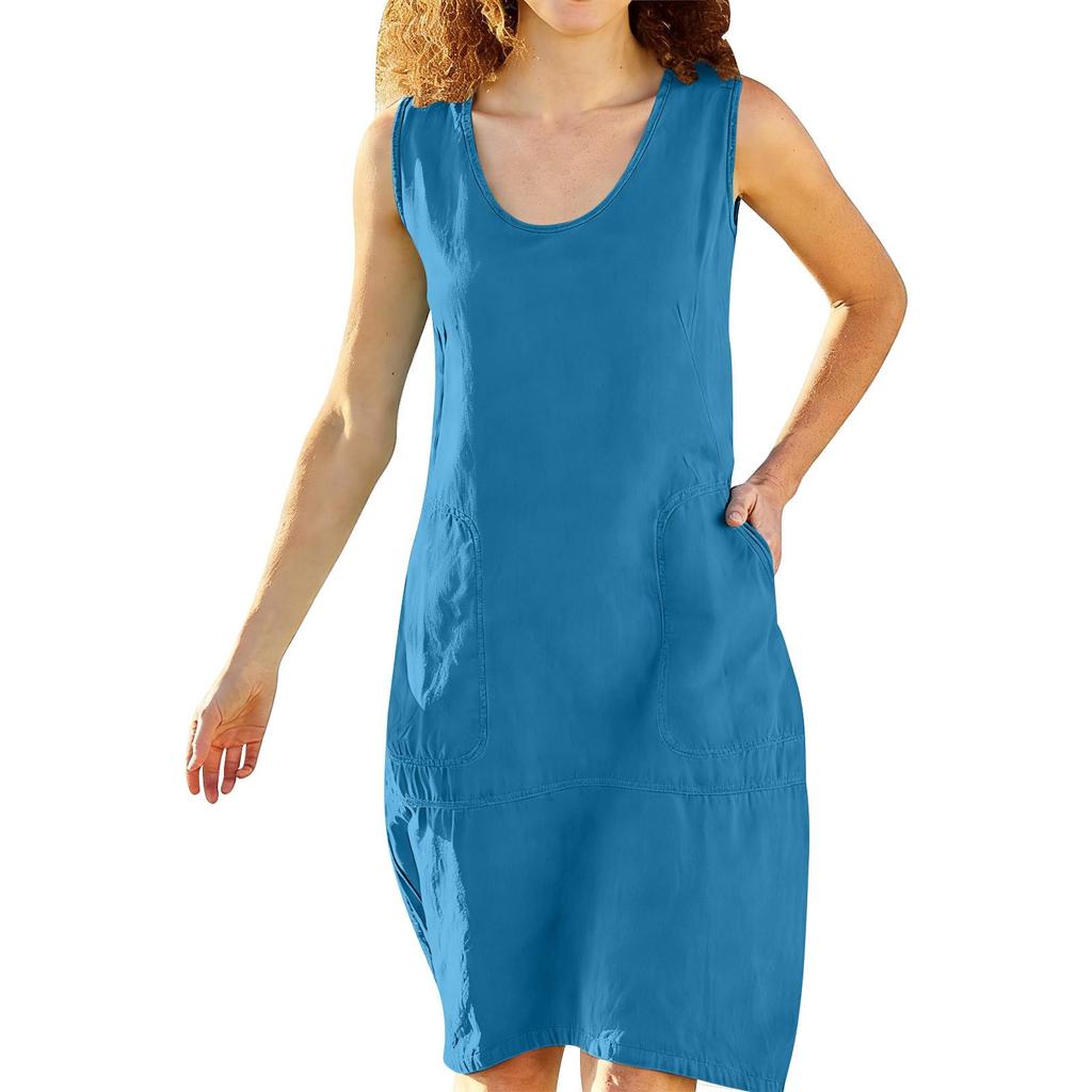 Womens Fashionable Loose-Fit Sleeveless Cotton-Linen -Color Dress With Pockets