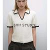 MD New Women's Clothing Classic Style Elegant Lady Creamy-white Crocheted Polo Collar Short Sleeve Knitwear 5731683